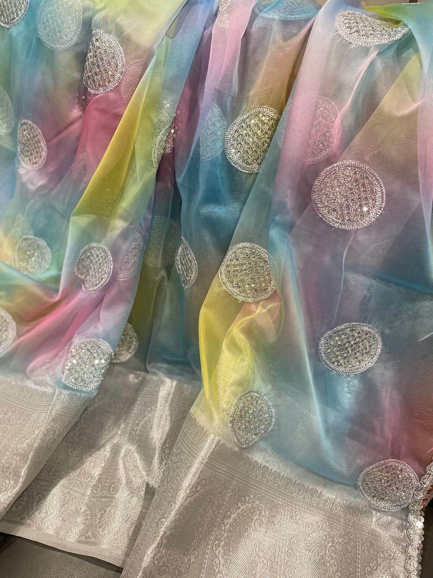 ORGANZA RAINBOW SAREE SILVER ZARI