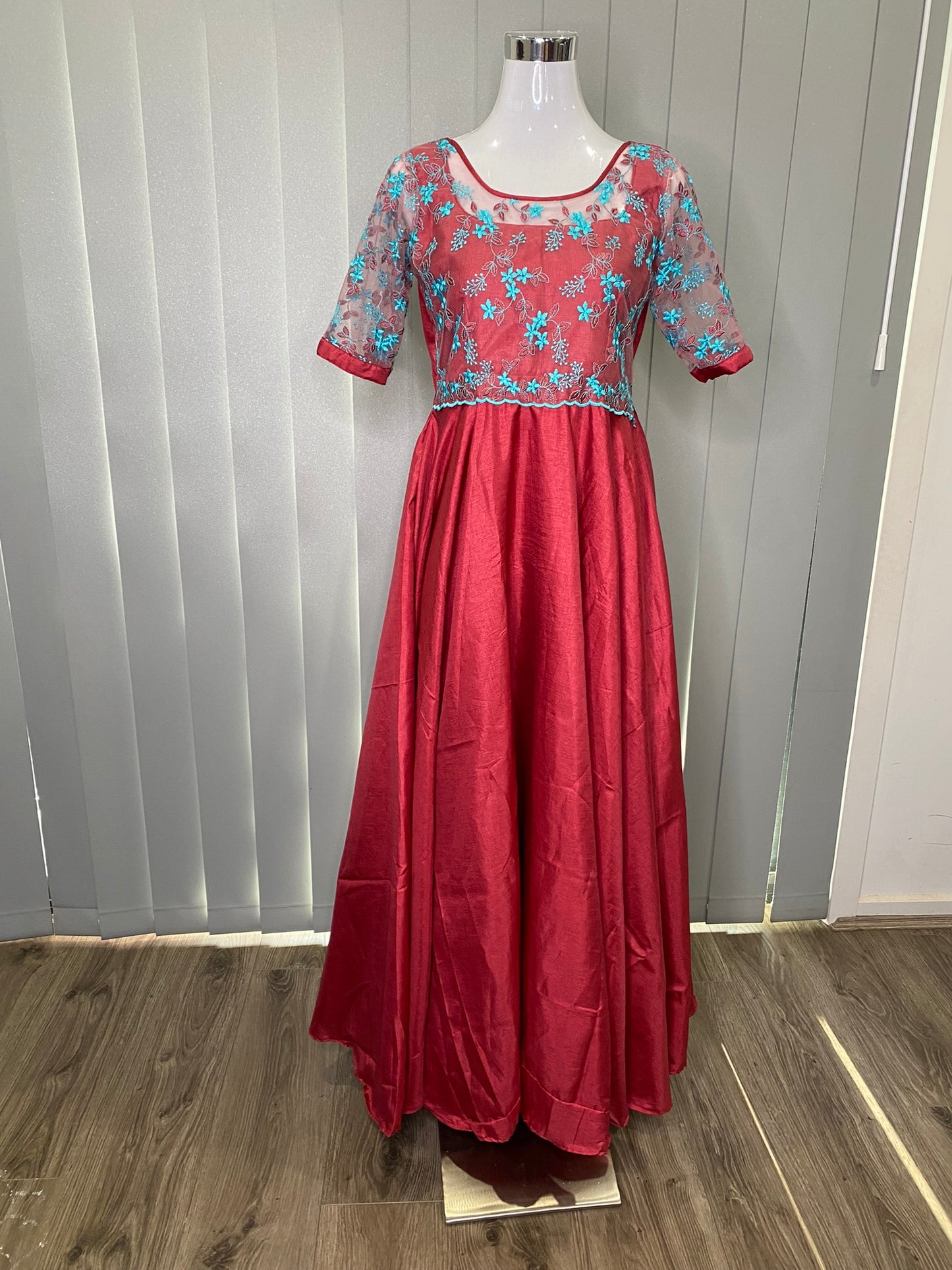 SEMI RAW SILK LONG DRESS MAROON