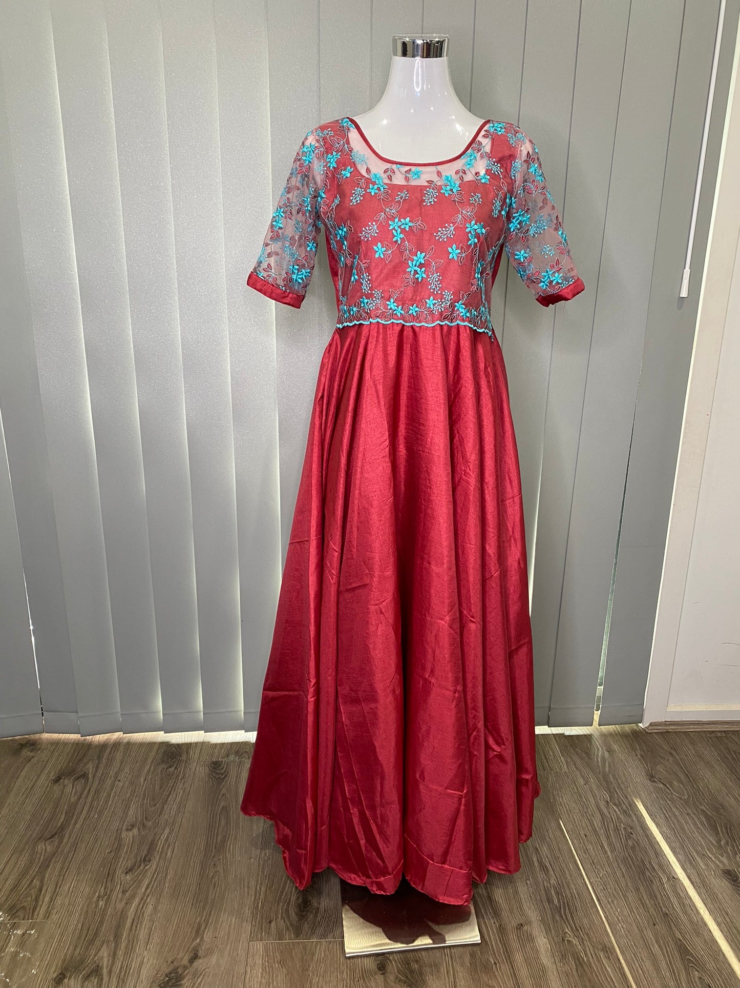SEMI RAW SILK LONG DRESS MAROON