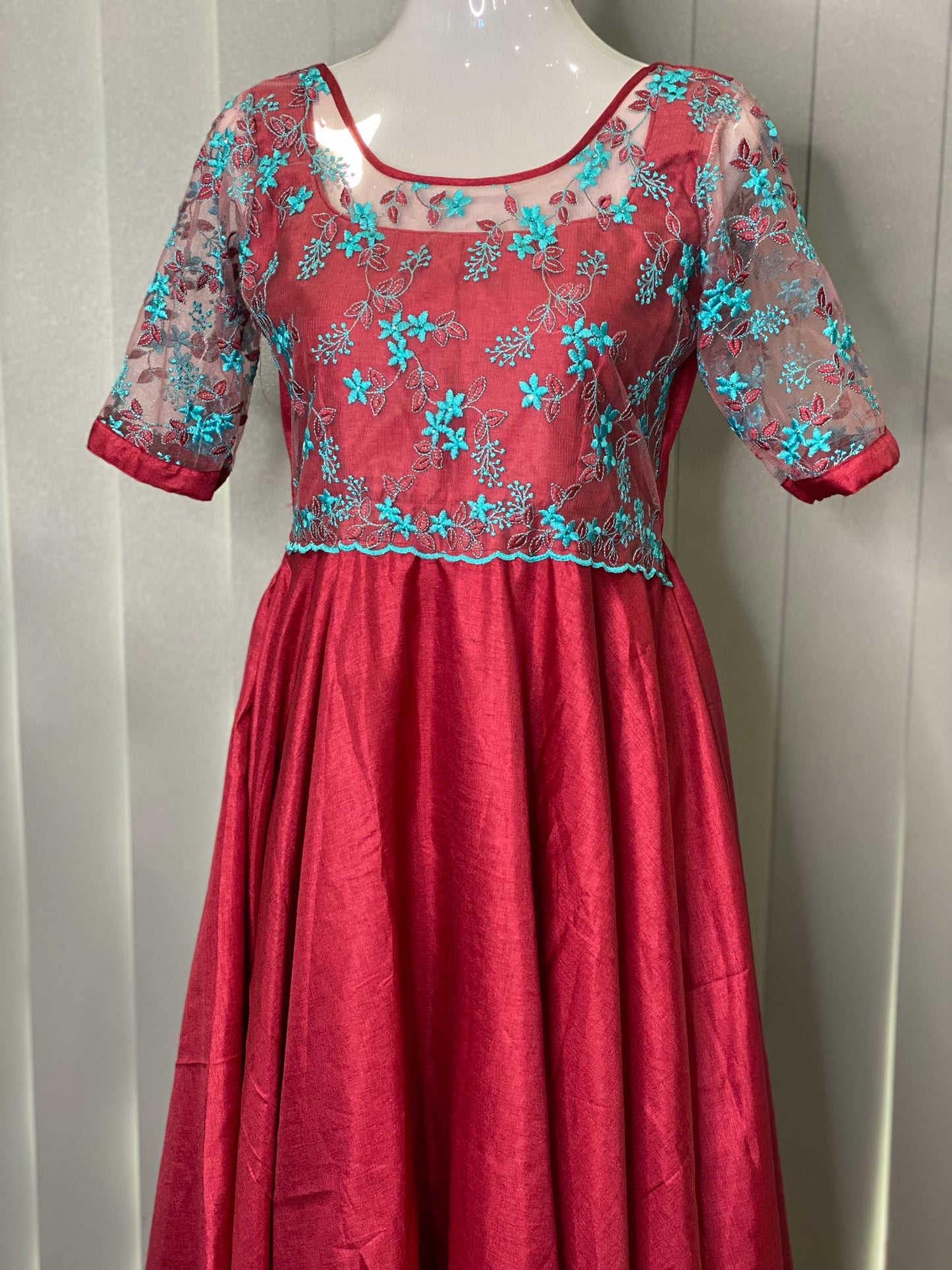 SEMI RAW SILK LONG DRESS MAROON