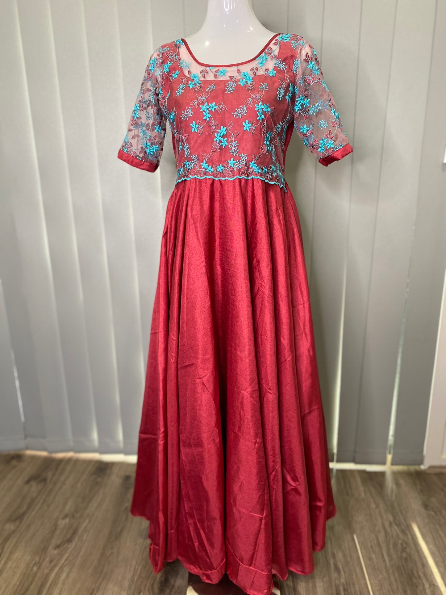 SEMI RAW SILK LONG DRESS MAROON