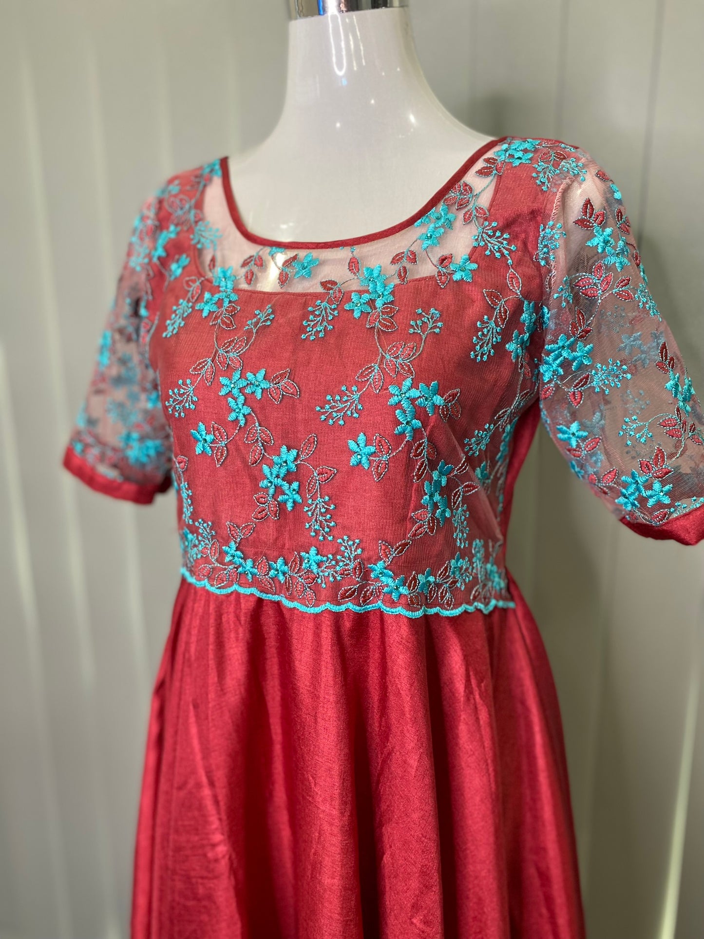 SEMI RAW SILK LONG DRESS MAROON