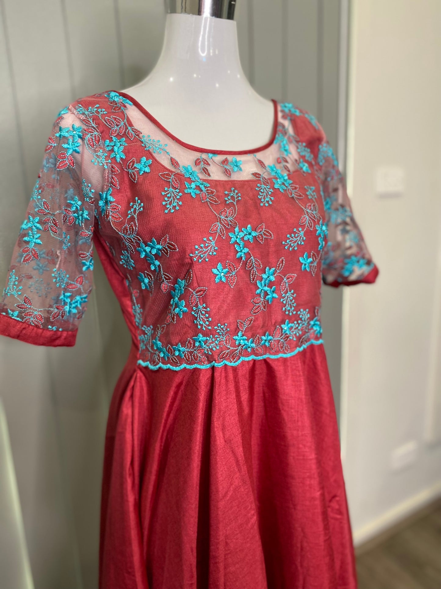 SEMI RAW SILK LONG DRESS MAROON