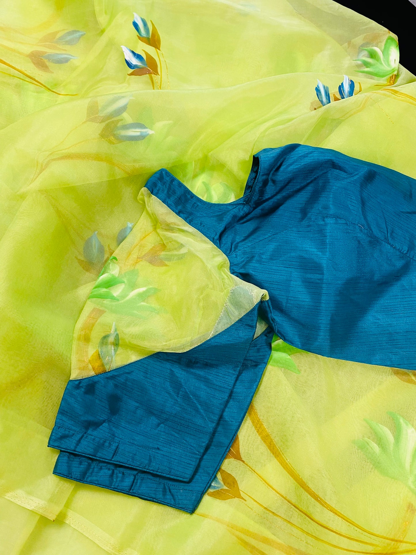 Hand Painted Organza Saree Green