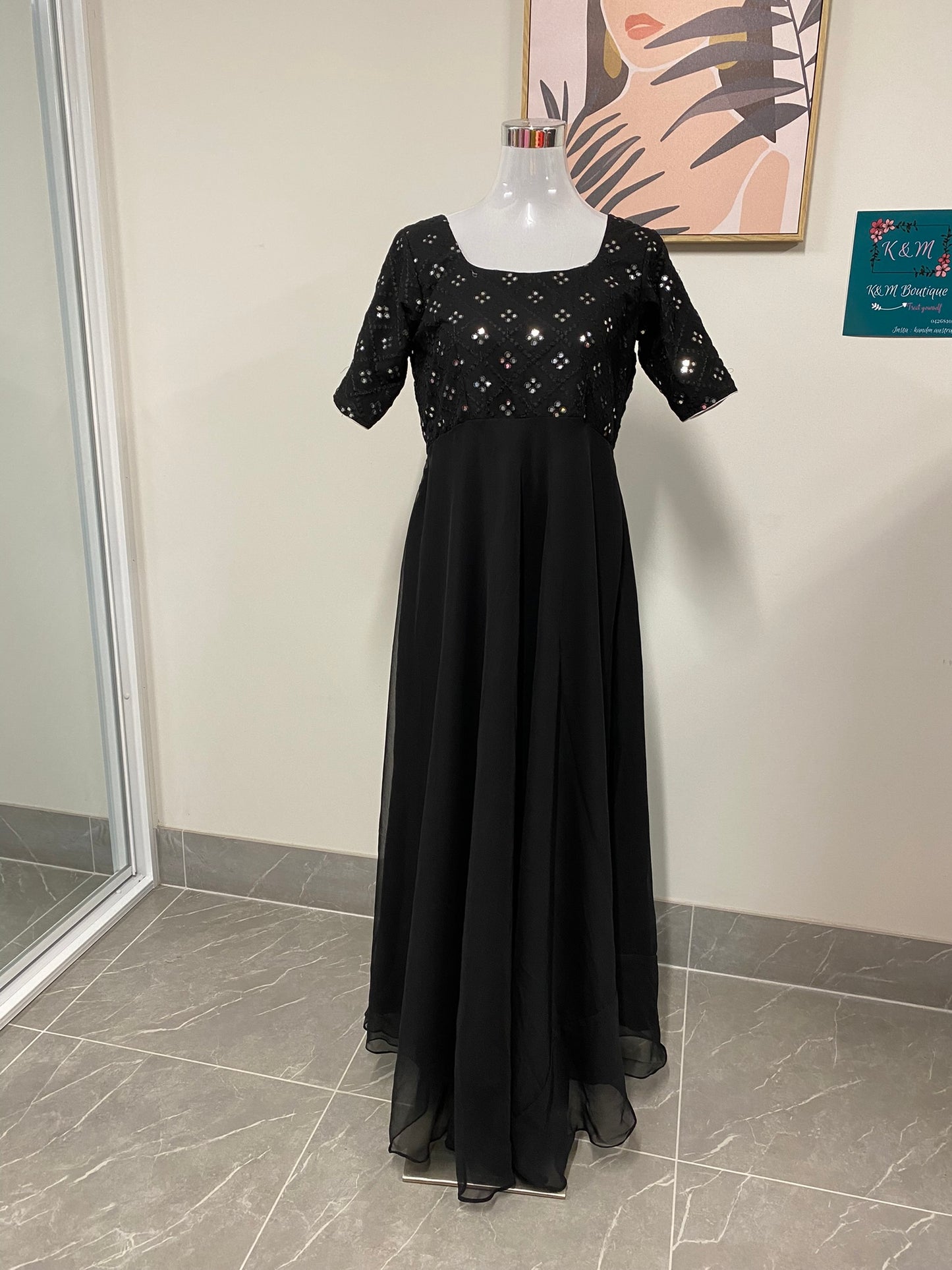 PURE GEORGETTE MIRROR WORK LONG DRESS BLACK