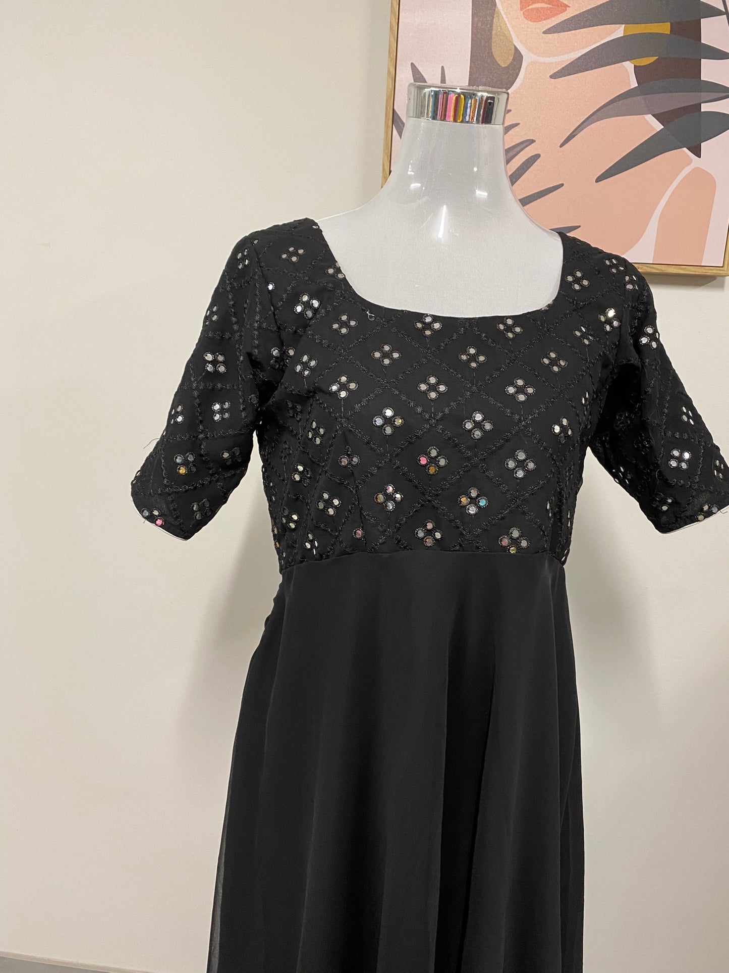 PURE GEORGETTE MIRROR WORK LONG DRESS BLACK