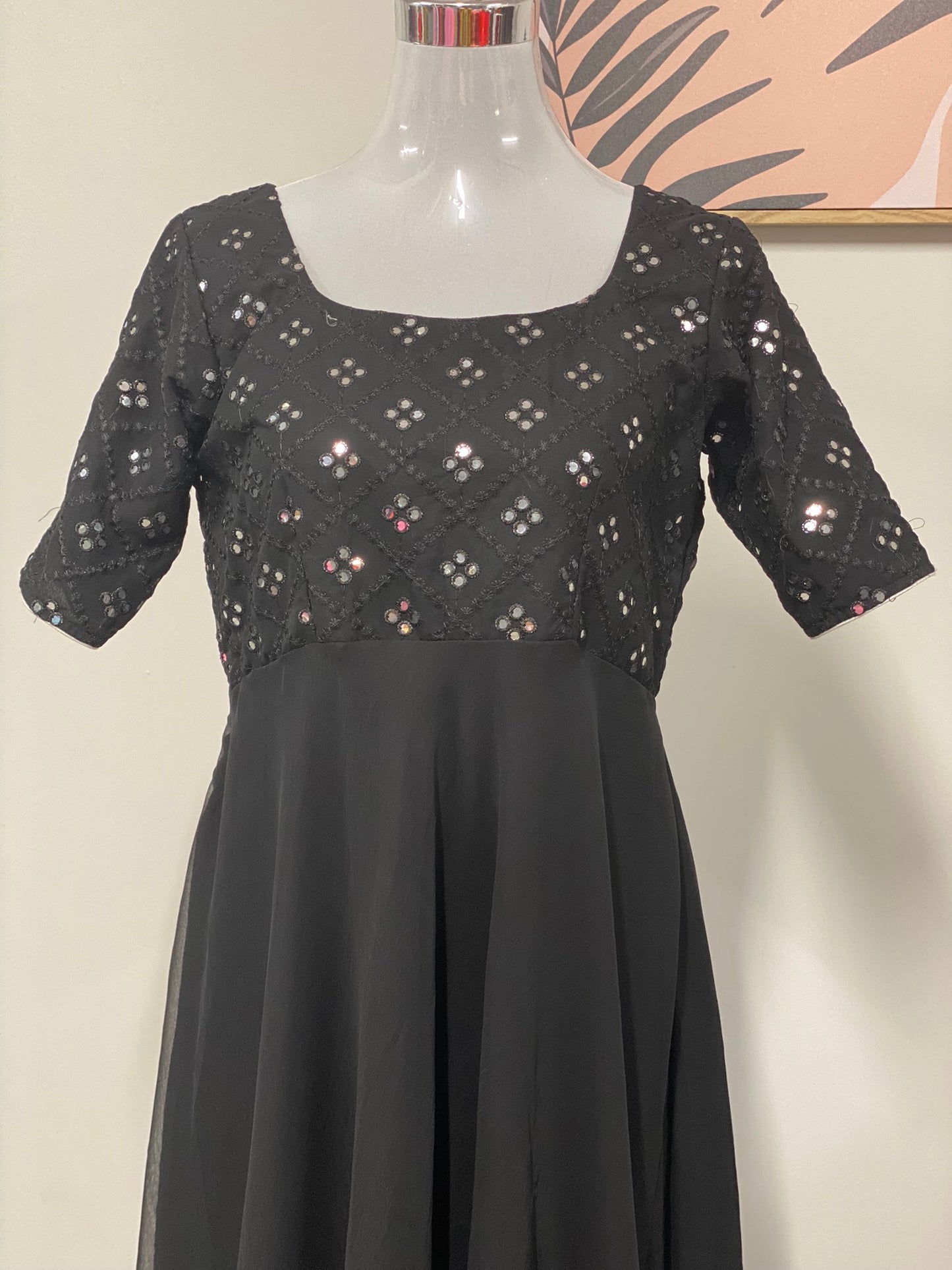 PURE GEORGETTE MIRROR WORK LONG DRESS BLACK