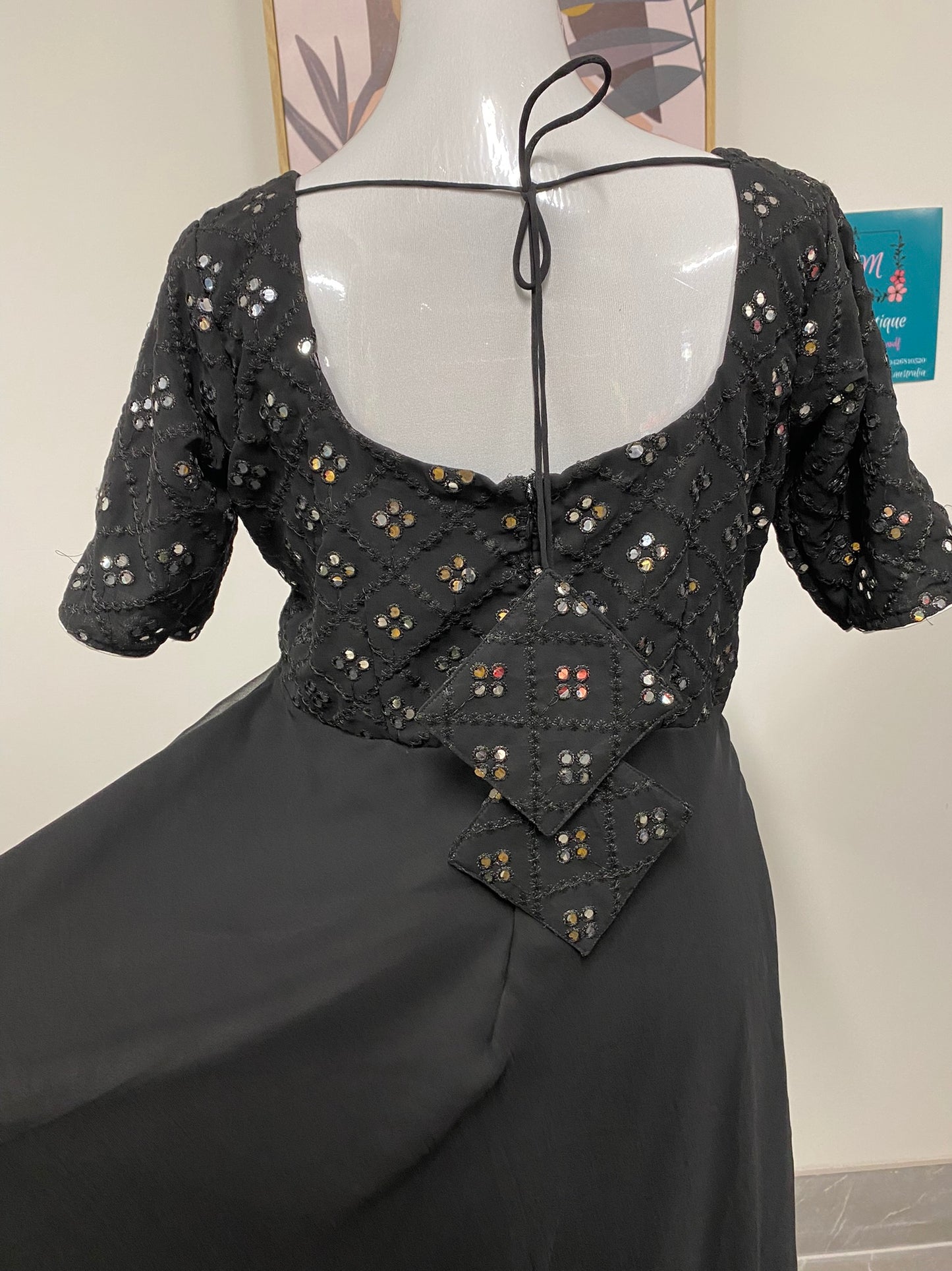 PURE GEORGETTE MIRROR WORK LONG DRESS BLACK