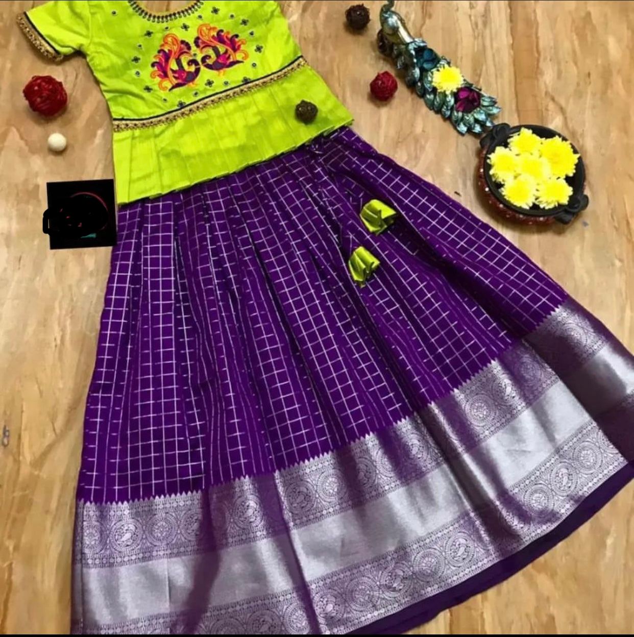 GIRLS KUPPADAM CHECKS PURPLE LEHANGA